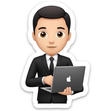 Businessman in a black business suit holding a laptop with PrimeCopy written on it sticker