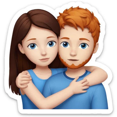 Ginger boy hugging girl with very dark brown hair. Both have blue eyes.  sticker