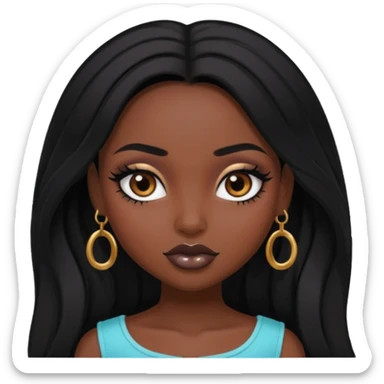 pretty black skin bratz baddie, black makeup, brown eyes, long black black people hair sticker