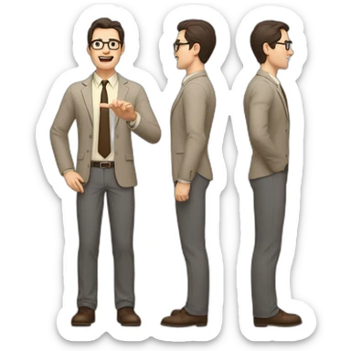 To belt Actively gesturing with hands Pale skinned fit man teacher with dark brown hair in gray jacket, beige office shirt, brown tie, brown pants and vintage glasses. sticker
