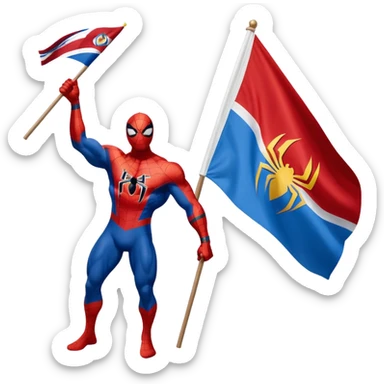 Spider-Man waving a Denver Nuggets flag in one hand and an avalanche flag and another sticker