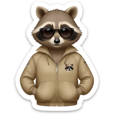friendly anthropomorphised raccoon in a Sopranos-style mafia tracksuit, wearing dark sunglasses, relaxed pose sticker