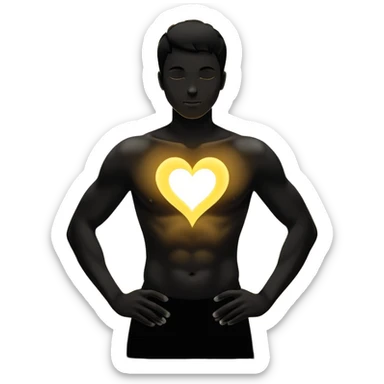 minimalist b&w male silhouette with flowing black-and-white curves across the lower body, now overlaid with a small, softly glowing spark or radiant light near the chest or head — heart symbolizing inspiration, inner fire, and creative energy awakening” yellow glow sticker