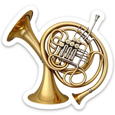 Create a refined and elegant emoji representing the Arnolds & Sons AHR-350 French horn. The design should feature the instrument's beautifully coiled brass body with its distinct flared bell, showcasing the high-quality craftsmanship. Include delicate details like the tuning valves, finger buttons, and elegant brass finish. Add subtle musical notes around the horn to symbolize its melodic sound. Use warm golden and brass tones to convey the luxury and professional quality of the instrument. The background should be transparent sticker