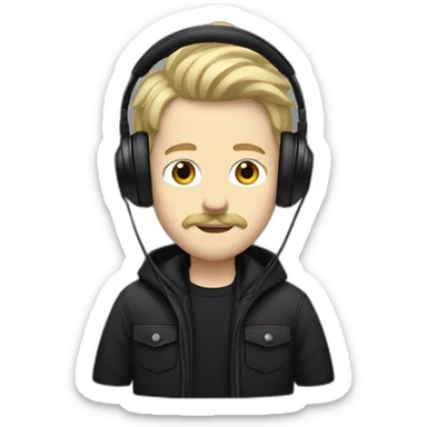 YOUNG WHITE MAN BLONDE HAIR AND MUSTACHE USING A BLACK JACKET AND A HEADPHONE WITH A NEUTRAL FACE sticker