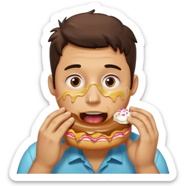 A man messily eating a filled donut, the donut is filled with Boston cream and it’s making a mess everywhere sticker