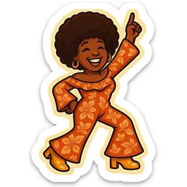 Create an emoji of a female African American in 1970s disco style with a different dancing pose, joyful expression, afro hairstyle, and a vibrant disco outfit with a similar pattern to the reference. sticker