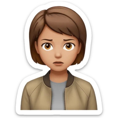 a woman with a brown short hair, looking at the left, frustrated, wearing a trendy jacket, only upper body, high quality sticker
