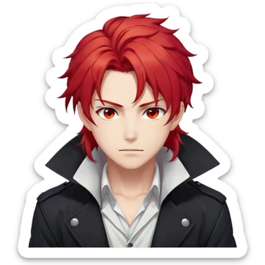 Handsome gorgeous anime man with bright-red hair, thick long messy wavy ponytail, red eyes, white shirt, black jacket, stone face, Diluc from Genshin Impact sticker