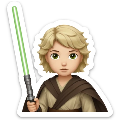 Young jedi with dark brown eyes and sandy blonde wavy short hair holding a green light saber.  sticker