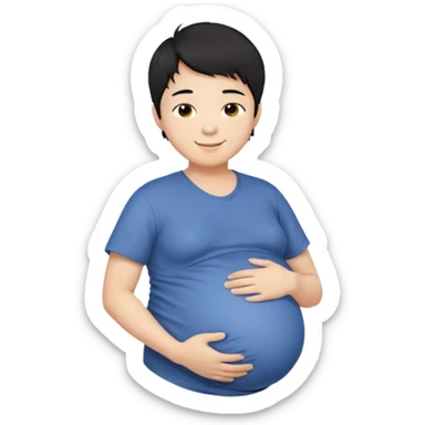 pregnant asian boy with short messy black hair holding his belly embracing his pregnancy sticker