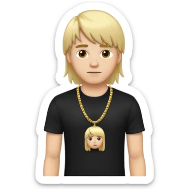 make a iphone emoji who is a white man that looks young with long blonde hair with bangs, with a black punk shirt and a golden neckless sticker