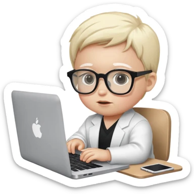 baby white skin bull in fancy glasses sitting in front of a macbook, working  sticker
