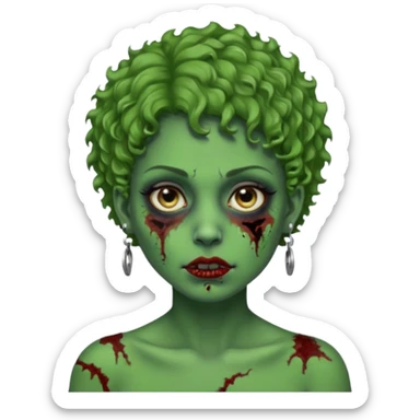 faça uma cabeça verde de zumbi femenina, com im cabelo curtinho cacheado, piercing no nariz, e brincos na orelha sticker