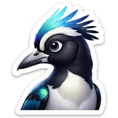 Cinematic Noble Magpie Portrait Emoji, Poised and sleek, with striking, iridescent black and white plumage, a sharp, inquisitive beak, and intense, observant eyes, Simplified yet sharp and sophisticated features, highly detailed, glowing with a soft, urban gleam, high shine, intelligent and graceful, stylized with an air of mischievous charm, focused and alert, soft glowing outline, capturing the essence of a watchful and confident magpie that appears ready to dart out of the screen with effortless authority! sticker