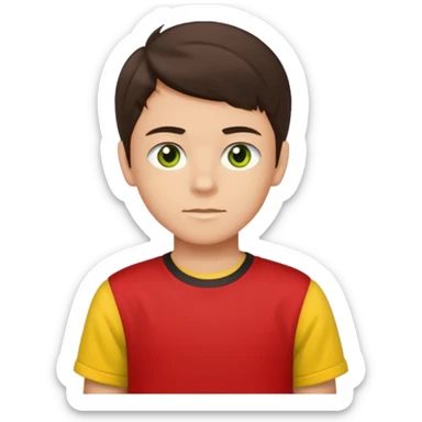 A portrait of a 14-year-old boy, he's got dark-brown hair, luight brownish skin and green hazel eyes. he's wearing a red t-sirt with yellow sleeves. sticker