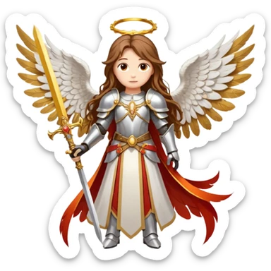  The angel has long brown hair surrounded by a golden halo and large white-and-orange feathered wings, wearing ornate silver armor with gold accents and a red sash. In its right hand it grips a white sword upright, while its left hand rests near the hilt of another weapon at its sid  sticker