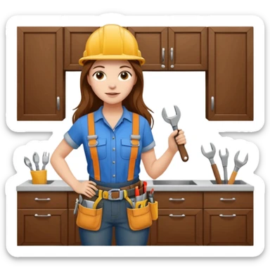 beautiful girl with long brown hair constructing new kitchen cabinets sticker