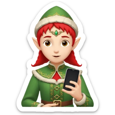elf with russia custome dress and smartphone, red sticker
