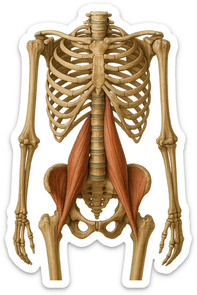 fai un immagine identica che riguarda IL MUSCOLO PSOAS i in evidenza (anatomicO) con colori naturali di un corpo umano. falla iperrealistica anatomica in 4k sticker