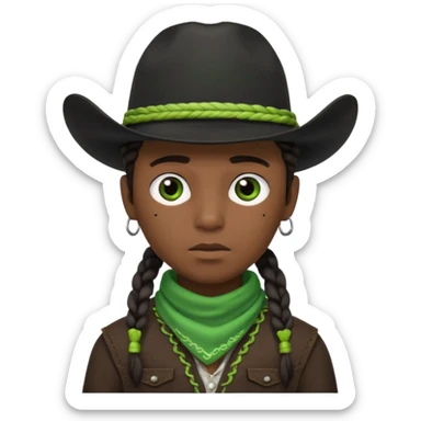 Black boy with three braids near each eye wearing a black cowboy hat with green bandana around his neck sticker