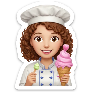 woman brown curly hair, chef, eating pink ice cream sticker