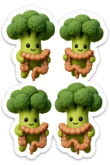 broccoletti stile emoji iphone fluttuano in aria stringendo in mano un pezzo di colon intestinale, iperrealistico 4k sticker