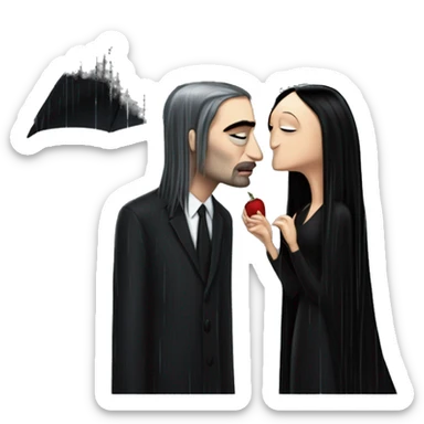 Realistic morticia addams kissing sweetly Kurt Cobain in the rain. sticker