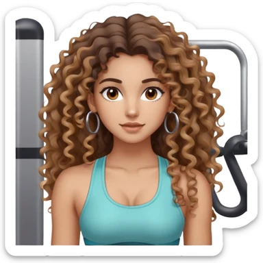 cute very long curly/wavy balayage haired girl, clean natural girl makeup, hoop earrings, brown eyes: at the gym sticker