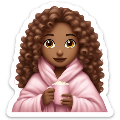 Light skin girl  with brown curly hair under our pink blanket,make her look like a young  make it so you can see the curly hairsipping hot cocoa with marshmallows, cuddled around the blanket, long curly hair, long, medium lashes sticker