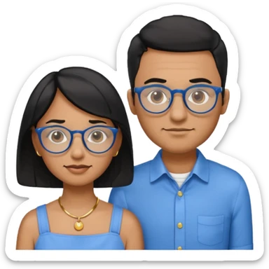 Dois emojis, um homem pardo com cabelos pretos, blusa azul com gola e botões, óculos retangular na cor azul. Mulher parda com cabelo curto preto, óculos redondos e transparentes, está com vestido azul de alças finas e com brincos de argolas douradas na orelha sticker