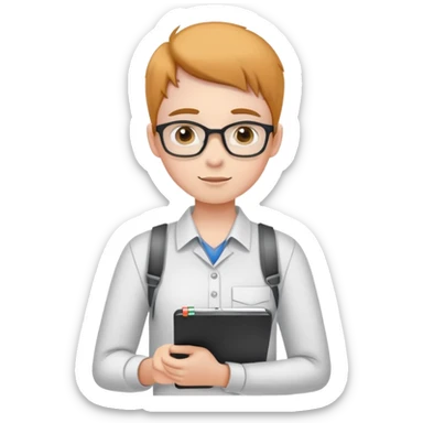 intern or volunteer holding a clipboard and pencil, ready to take notes or assist. The character wears a simple shirt and has an eager posture sticker