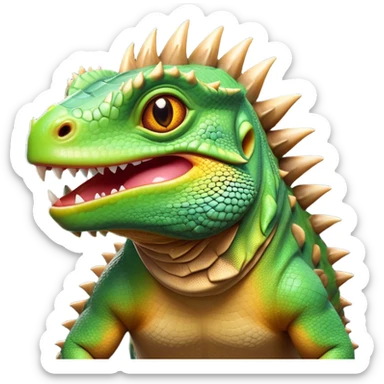 Cinematic Comical Iguana Portrait Emoji, Head tilted dramatically with an exaggeratedly shocked expression, featuring a robust, textured body with a quirky, spiky crest and wide, comically expressive eyes full of playful disbelief, Simplified yet hilariously expressive features, highly detailed, glowing with a slightly sassy jungle glow, high shine, dramatic yet playful, stylized with an air of quirky reptilian mischief, soft glowing outline, capturing the essence of a meme-worthy iguana that looks ready to side-eye its way into viral fame! sticker