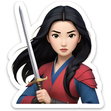 Cinematic Realistic Mulan Portrait, depicted with lifelike skin texture, soft natural lighting, and intricately detailed long black hair styled elegantly. Her deep, expressive eyes exude determination and grace, complemented by a serene yet confident expression. She stands with one hand resting on the hilt of her sword, the other by her side, exuding strength and poise. She is dressed in her classic attire, with rich fabric textures and delicate folds that catch the light beautifully. The portrait features a soft, enchanting glow with a natural, radiant finish, capturing the essence of timeless strength and beauty in a realistic and painterly style, evoking a sense of depth and authenticity. sticker