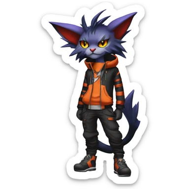 Cool Anthro Noivern-Litten-Feline-Pokémon with edgy stripes hoodie spiked collar punk techwear Cargo Pants Full Body sticker
