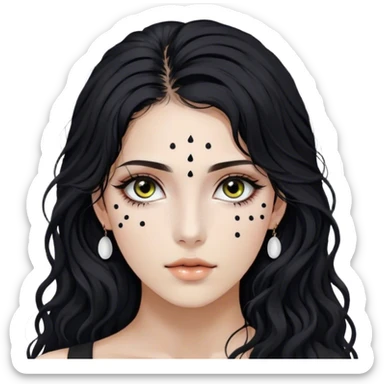 Mujer, cabello negro largo, ojos cafés, pequeños lunares en la mejilla derecha a dos centímetros del ojo, y otro a un centímetro de la parte derecha debajo de la boca, pómulos levemente marcados, ojos cafés oscuros, piel blanca, pestañas y cejas negras  sticker