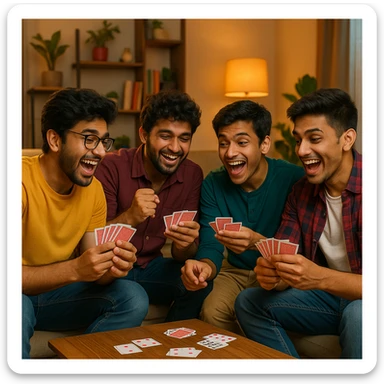 four Indian college boys sitting together, playing cards (tash), casual clothing, lively expressions, indoor setting, vibrant atmosphere sticker