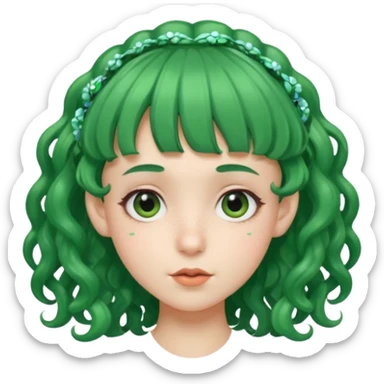 green curly  haired with hair bangs big head accessory big nose mid size ear young sticker