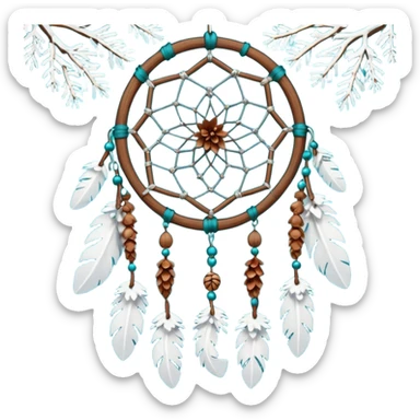 Winter-themed snow-covered spruce pine wooden pinecones and nuts dreamcatcher with white feathers, silvery chains and teal leaves sticker