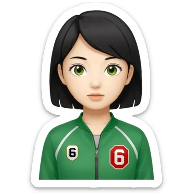 Create Kang Sae-byeok (Player 067), Korean female, short layered black hair, sharp eyes, green tracksuit with number 067 patch on chest. sticker