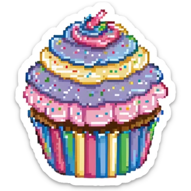 large cupcake with pink frosting and rainbow sprinkles in pixel art style sticker