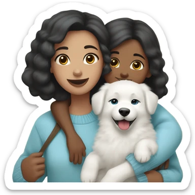 A girl with black Medium bob hair in a sky blue sweater holds a Samoyed puppy in her arms sticker