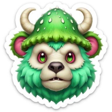poisonous mushroom bear monster portrait, head and shoulders only, bear-like face, mushroom cap horns, toxic green aura, fluffy neck fur, fantasy beast style, 3D cartoon, mobile game icon style, clean background, no text, no watermark

 sticker