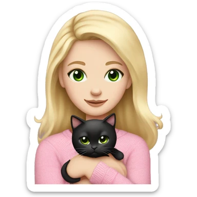 Pretty green eyed white girl with blonde hair in a pink sweater holding a black cat sticker