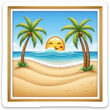 Cinematic Realistic Beach Emoji in a wooden frame, Sunny and bright, with soft golden sand stretching as far as the eye can see, gently lapping waves crashing onto the shore, and a clear, blue sky above. Palm trees sway in the warm breeze, crystal clear water of the waves on the landscape. Soft glowing outline, capturing the essence of a relaxed, joyful beach day filled with sun, sand, and surf! sticker