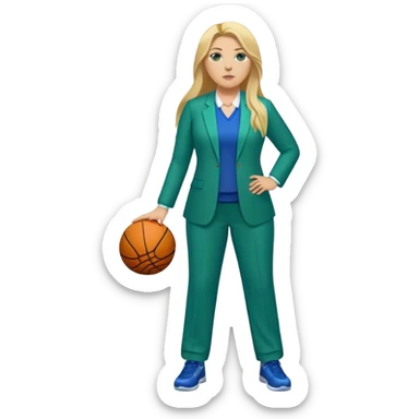 Full Body white plus size female basketball head coach with long blonde hair in a blue and green suit sticker