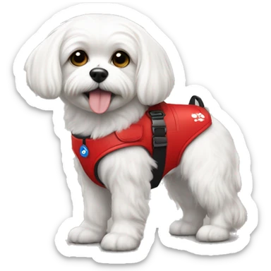 Maltese wearing a red service dog gear with to bleck straps one in the front one around the belly  sticker