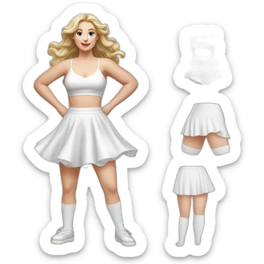 Hyperrealistic Full body Caucasian curvy beauty jumping short white skirt back and front views strong wind knickers long white socks sticker