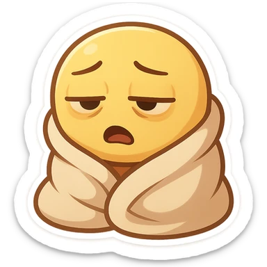 cartoon style emoji of a groggy face, droopy eyelids, wrapped in a blanket, morning look sticker