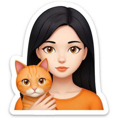 Chica de pelo lacio color negro con un gato naranja  sticker